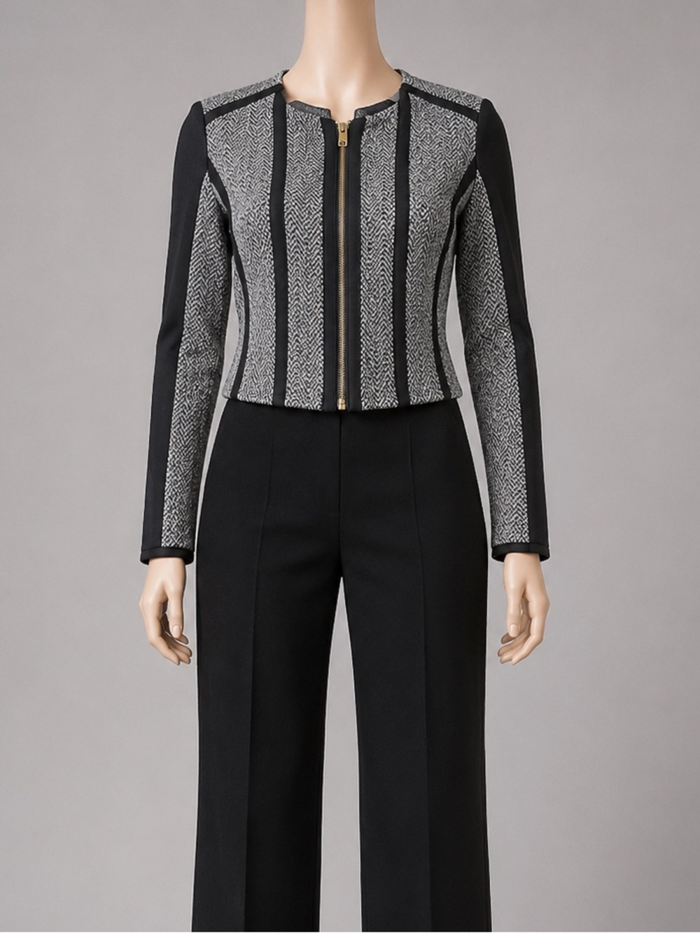 Black Gray Cropped Tweed Jacket Zip Front Structured Career Blazer